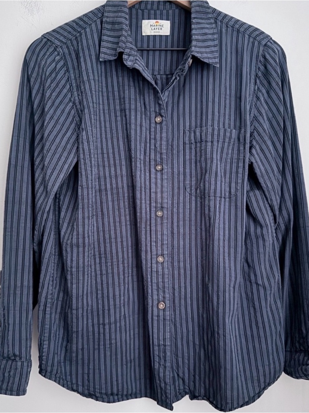 Marine Layer Women’s Medium Navy Black Vertical Stripe Long Sleeve Shirt